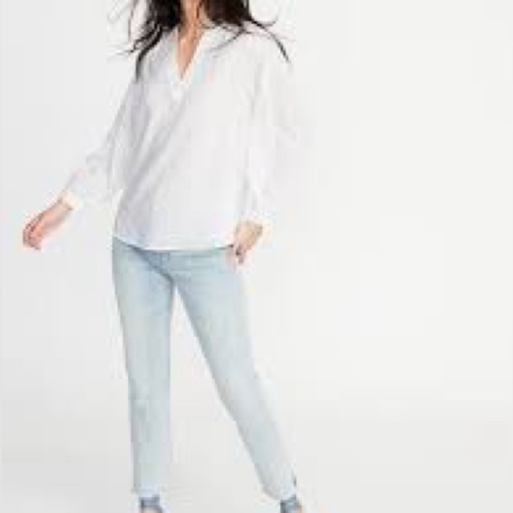 NWT Gap white cotton blouse XS embroidered split neck long sleeve band collar - Picture 10 of 11